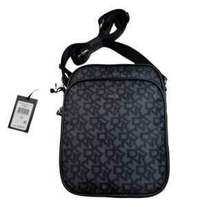 NWT DKNY Gigi Flight Crossbody Bag Double Zip Black Nylon Monogram Purse 9x6.5x3